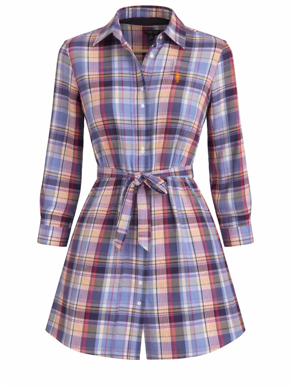 U.S. Polo Assn Plaid Shirt Dress M Blue Red Yellow Belted Button Front NWOT - Picture 2 of 12